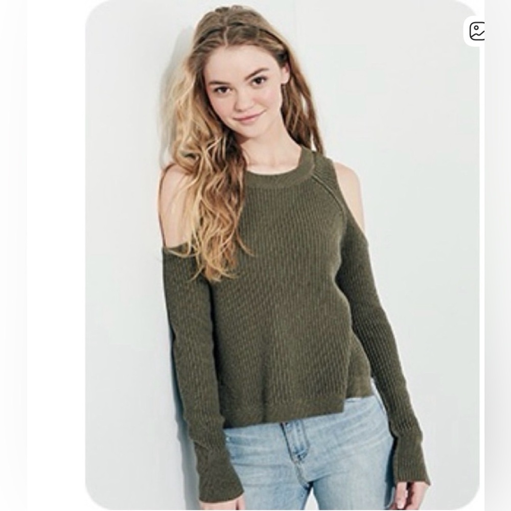 HOLLISTER cold shoulder olive green ribbed knit cotton sweater sz L cute casual - Picture 2 of 16
